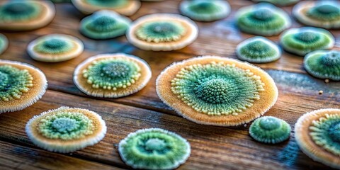 Fototapeta na wymiar Closeup of Trichoderma harzianum fungus on a table, microorganism, fungi, biology, science, research
