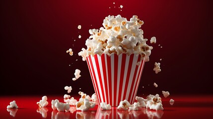 Tasty popcorn bursting from a red-white striped paper cup, cut out