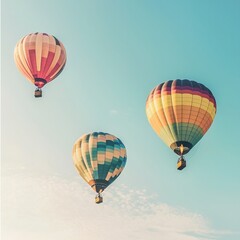 Fototapeta premium Colorful hot air balloons soaring in a clear blue sky, creating a vibrant and uplifting atmosphere of adventure and freedom.