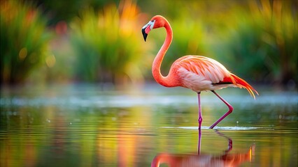 Perfectly posed flamingo standing gracefully in water, graceful, elegant, bird, wildlife, pink, feathers, standing, water