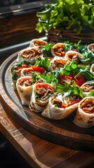 Delicious colorful wraps filled with fresh vegetables and meat on a wooden platter.