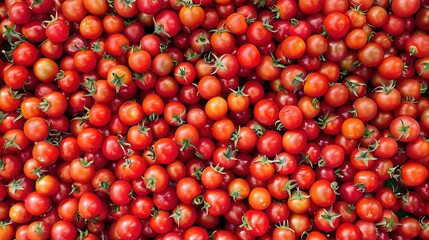 Stunning Top View of Vibrant Red Cherry Tomatoes Piled High, Exuding Freshness and Healthiness for a Nutritious Diet. A Real Photo Capturing the Essence of Healthy Eating.