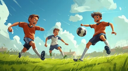 Fototapeta premium Fun and energetic scene of kids playing soccer in a bright, sunny landscape, capturing the joy of outdoor sports and teamwork.