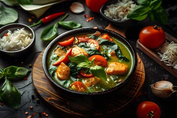 A vibrant bowl of green curry with chicken, tomatoes, and fresh basil.