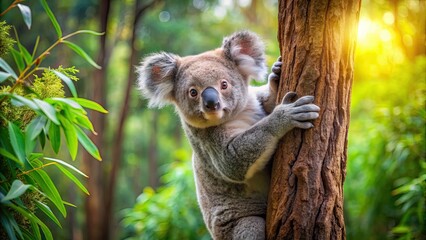 Fototapeta premium Koala bear climbing tree in lush green forest , wildlife, Australia, marsupial, eucalyptus, cute, climbing, arboreal