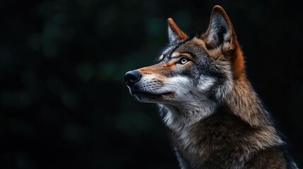 Fototapeta premium Stunning Close-Up of a Majestic Wolf: Perfect Poster for Sports Interior, Capturing Intense Gaze and Sharp Features Against Dark Background