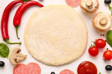 Raw dough and ingredients for preparing pizza on white background