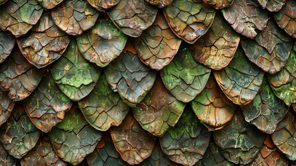 An earthy and natural pattern of fish scales in shades of brown and green blending seamlessly together like a camouflage in the wild.