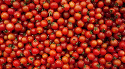 Stunning Top View of Vibrant Red Cherry Tomatoes Piled High, Exuding Freshness and Healthiness for a Nutritious Diet. A Real Photo Capturing the Essence of Healthy Eating.