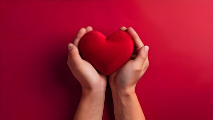 Fototapeta premium Hands holding a red heart on a color background with copy space. Top view, st Valentine day concept. Minimal abstract composition for 14 February celebration