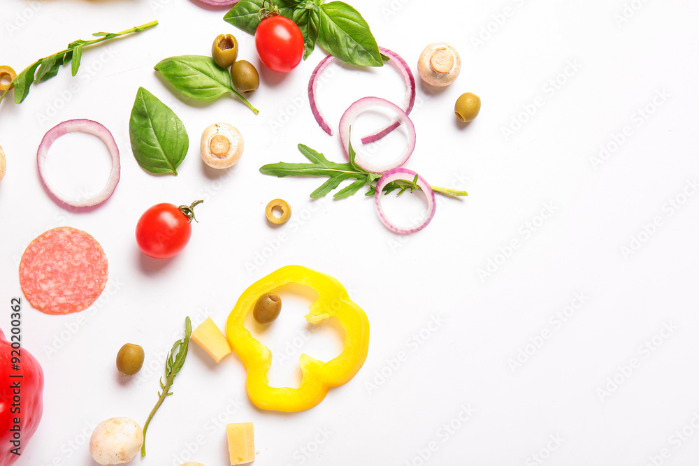 Poster ingredients for preparing pizza on white background