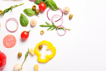 Ingredients for preparing pizza on white background