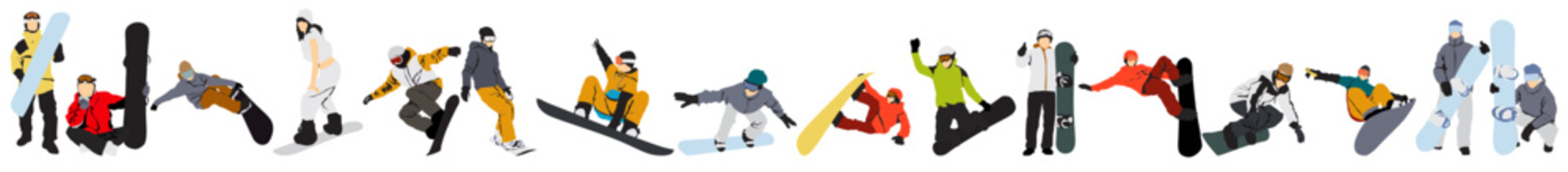 Naklejka premium snow boarding set snowboarder collection people vector illustration snowboard 