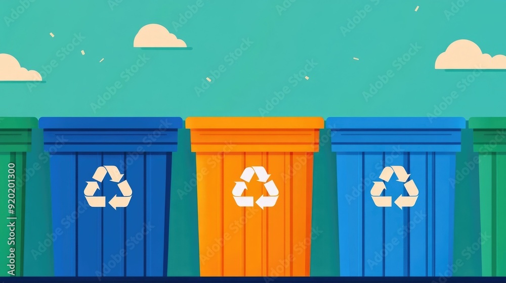 Poster flat design depicting an automated efficient recycling process with a conveyor belt system for sorti