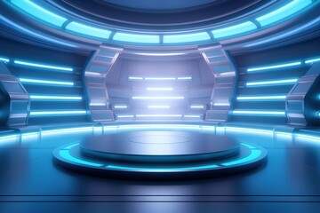 Futuristic blue glowing platform in a modern space.