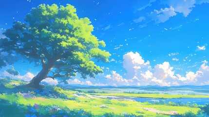 Obraz premium Peaceful Countryside Landscape with Lush Green Trees and a Serene Sky