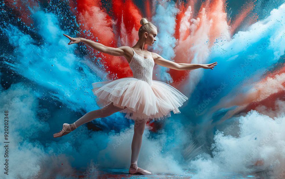 Wall mural a vibrant and artistic shot of a young woman dancing in a cloud of colorful chalk sprays, perfect fo