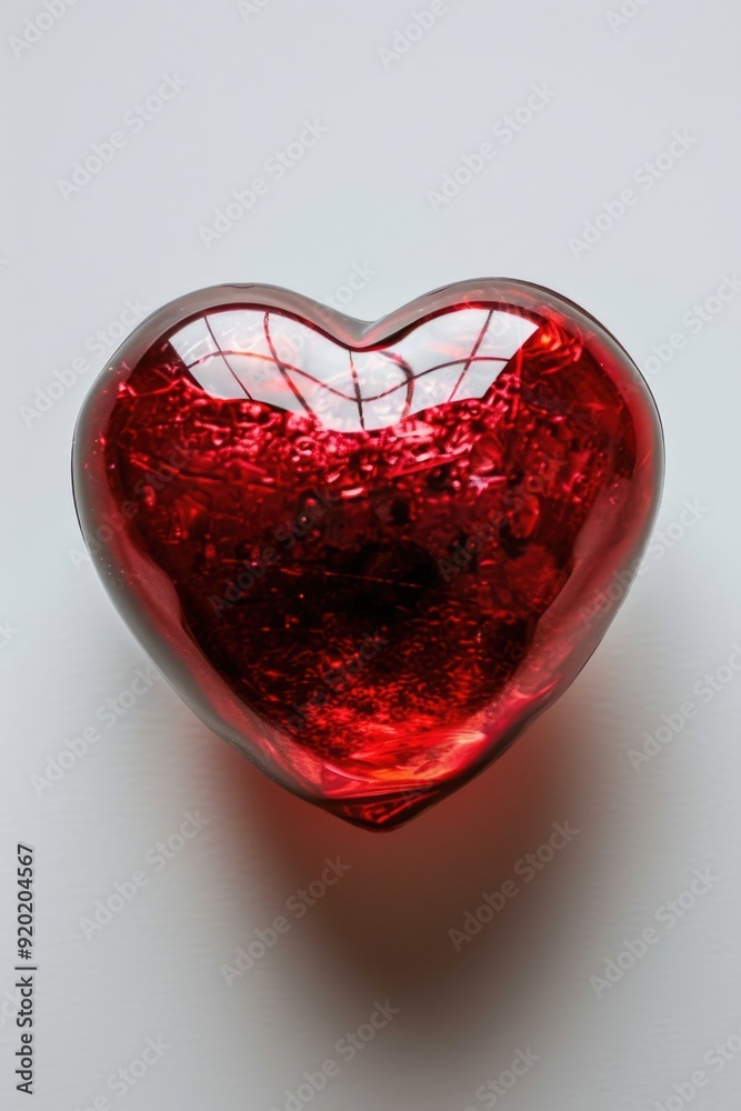 Poster A red glass heart shaped object sitting on a clean white surface, ideal for use in Valentine's Day or love-themed designs