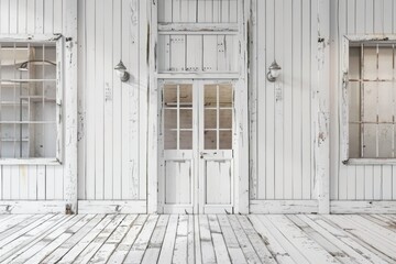 A minimalist interior design concept featuring a white room with two windows and a wooden floor