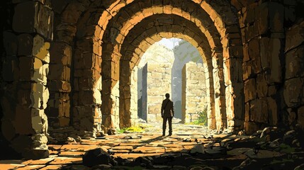 A person stands in a majestic ancient archway, surrounded by the remnants of a stone structure, basking in natural light.