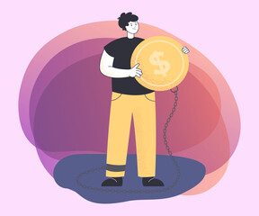 Man holding huge coin with chain flat vector illustration. Male character having loan liabilities, paying money for education flat vector illustration. Tuition fee, finance system concept