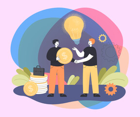 Initiative advisor giving financial support to startup worker. Professional investor or sponsor funding business idea flat vector illustration. Entrepreneurship, investment, coworking concept