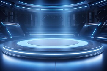 Futuristic blue neon lit podium with circular platform.