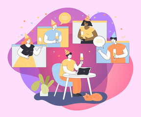 Men and women drinking wine and celebrating event using computer and digital images at home. Group of people having video call during quarantine flat vector illustration. Online birthday party concept