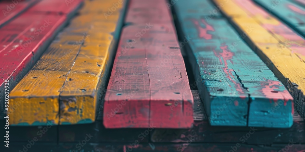 Leinwandbilder a detailed view of a vibrant wooden bench with intricate designs and patterns, perfect for use in ho