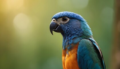 Naklejka premium Africa bird fly. Lilac-breasted roller, Coracias caudatus, head with blue natur. Pink and blue animal. Evening sunset with bird on the tree. Beautiful African bird, close-up portrait. Detail portrait.