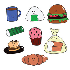 set of breakfast and bakery element background. bagel, bakery, croissant, toast, donut, cheese, pancakes, cakes, hotdog, sandwich,long bread