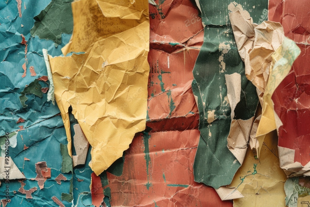 Poster Close-up shot of torn paper fragments with rough edges and jagged tears, ideal for illustrating concepts such as loss, disintegration, or chaos