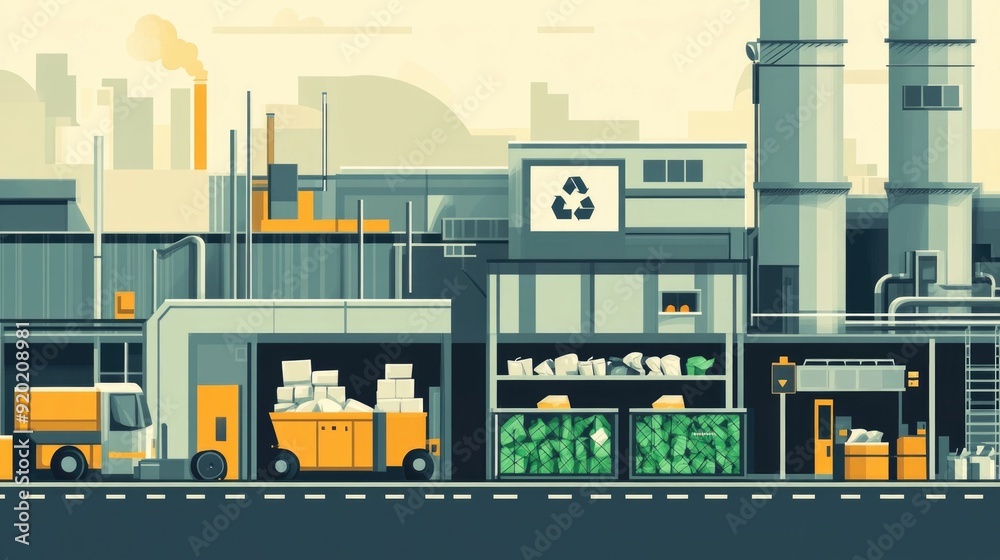 Poster Flat design showcasing an AI powered recycling technology solution with automated sorting and optimization processes for efficient waste management and environmental sustainability