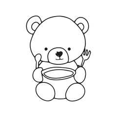 handrawn black line kawaii baby bear with variant activity gesture.  coloring book character bear. element stock bear. bear eat soup