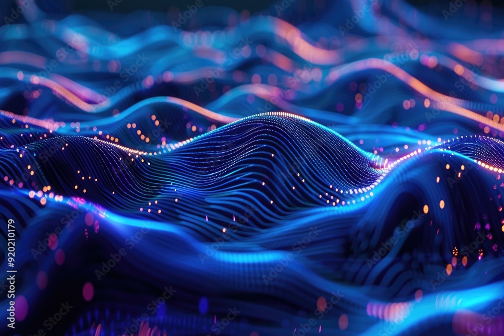 Poster a close-up shot of a wave of blue and purple lights, perfect for use in futuristic or sci-fi themed 