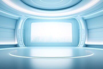 Futuristic blue room with circular platform and glowing lights.