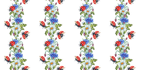 Blue cornflowers, daisies, ladybugs vertical pattern watercolor illustration. Wildflower botanical composition element isolated from background. Suitable for cosmetics, aromatherapy,