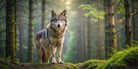 A lone wolf standing in the dense forest , wildlife, predator, nature, wilderness, animal, carnivore, woodland, habitat, majestic