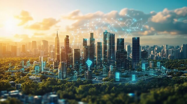 Smart grid city with efficient energy distribution, depicting smart infrastructure