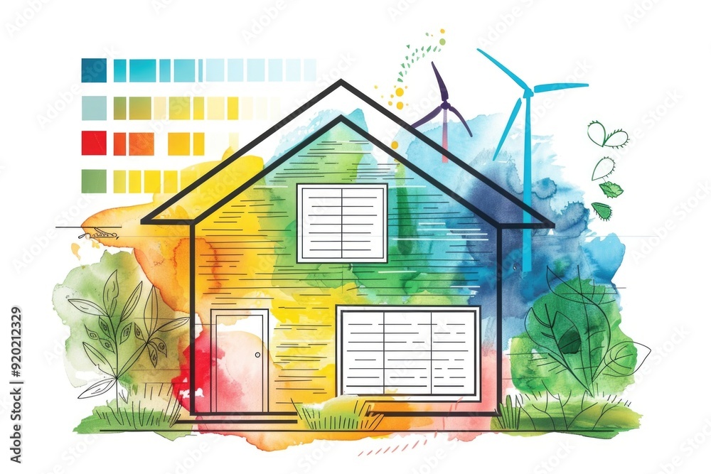 Poster a residential house with a wind turbine installed in the background, suitable for use in environment