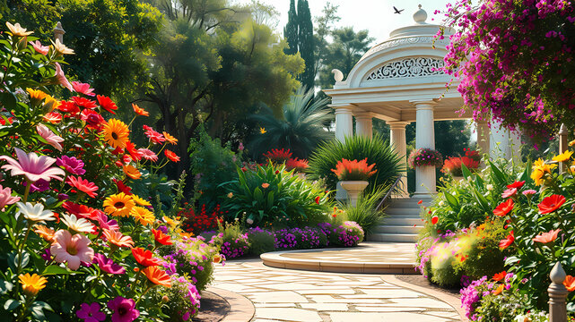 Au c&oelig;ur d'un jardin luxuriant et vibrant, une figure sereine marche pieds nus, chaque pas r&eacute;sonnant avec l'&eacute;nergie des fleurs &eacute;clatantes et des cascades &eacute;tincelantes autour d'elle. Les p&eacute;tales des fle