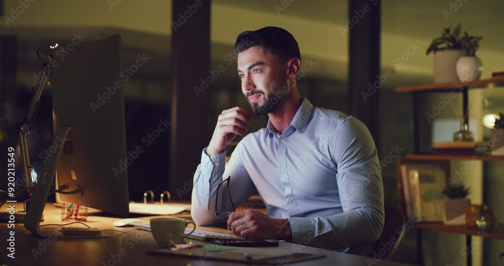 Poster stressed office manager with headache and high blood pressure working overtime in office at night. f