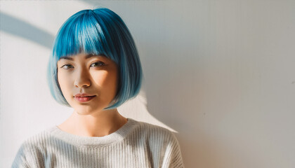 ブルー ポートレート カラー ヘアー モデル ファッション 美容 クローズアップ ナチュラルメイク アーティスティック 表情 肌質 シンプル スタイリッシュ 現代的 明るい 自然光 フェイスライン エレガント フレッシュ カラーハーモニー