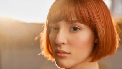 Fototapeta premium オレンジ ポートレート カラー ヘアー モデル ファッション 美容 クローズアップ ナチュラルメイク アーティスティック 表情 肌質 シンプル スタイリッシュ 現代的 明るい 自然光 フェイスライン エレガント フレッシュ カラーハーモニー