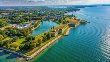 Fototapeta premium Aerial view of Fort Erie shoreline in Ontario, Canada, beach, waterfront, Lake Erie, summer, vacation, travel, drone, aerial