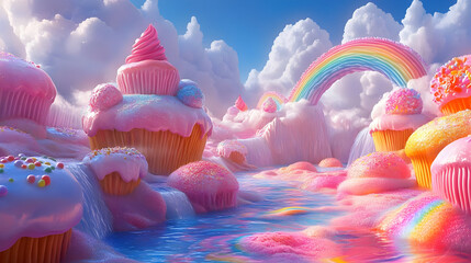A whimsical landscape filled with cupcake mountains, candy rivers, and a vibrant rainbow.
