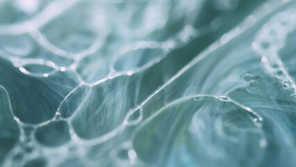 Foam wave. Oil bubbles. Defocused teal blue white color transparent round droplets floating fizzy texture paint water flow abstract art background.