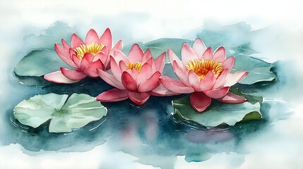 A watercolor illustration of water lily blooms