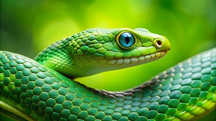 Fototapeta premium close up of a Green pit viper snake (Ptyas mucosa), isolated on a blurry green nature background, High Quality image