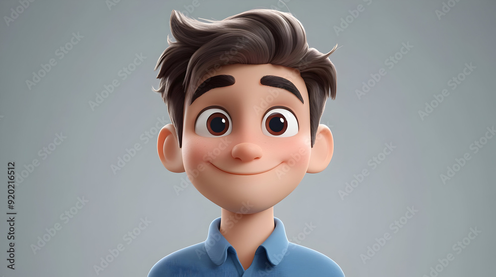 Poster A cheerful animated character with short hair and a friendly smile.